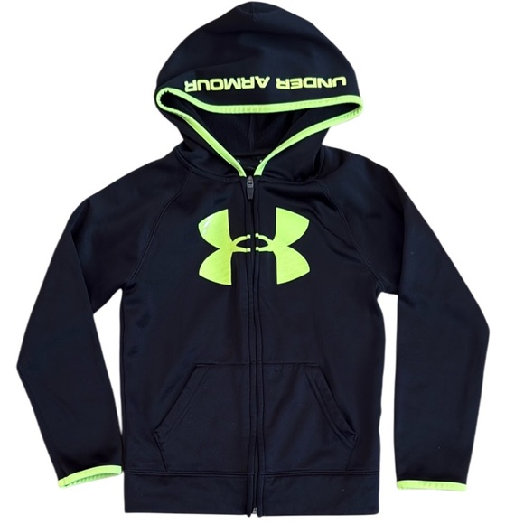 UNDER ARMOUR BOYS SIZE 7 BIG LOGO FLEECE HOODIE BLACK NEON GREEN LONG SLEEVED - Picture 1 of 9